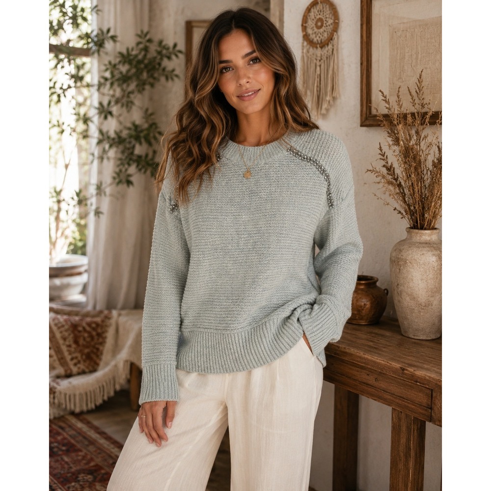 Sleeping on Snow Sweater Women Small Blue Embellished Boho Winter Fall